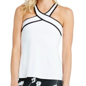 Fabletics White Crisscross Tank with Black Trim